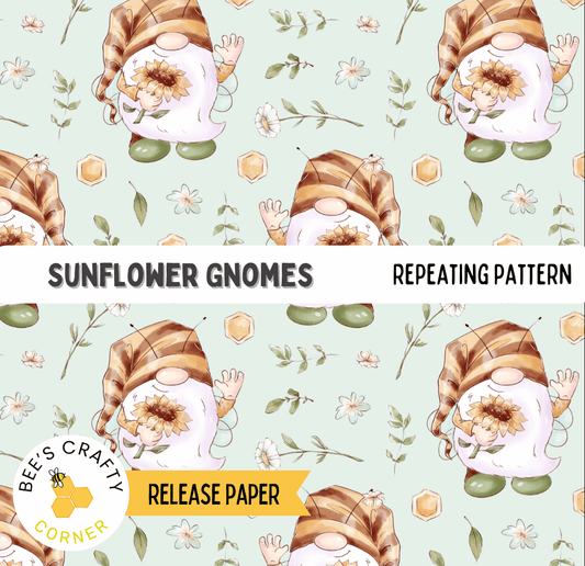 The image is a repeating pattern of cartoon gnomes with sunflowers, featuring various shades of brown and green. The pattern is set against a light green background with white flowers and leaves scattered throughout. The text "SUNFLOWER Gnomes" and "REPEATING PATTERN" are visible, along with the text "RELEASE PAPER" at the bottom.