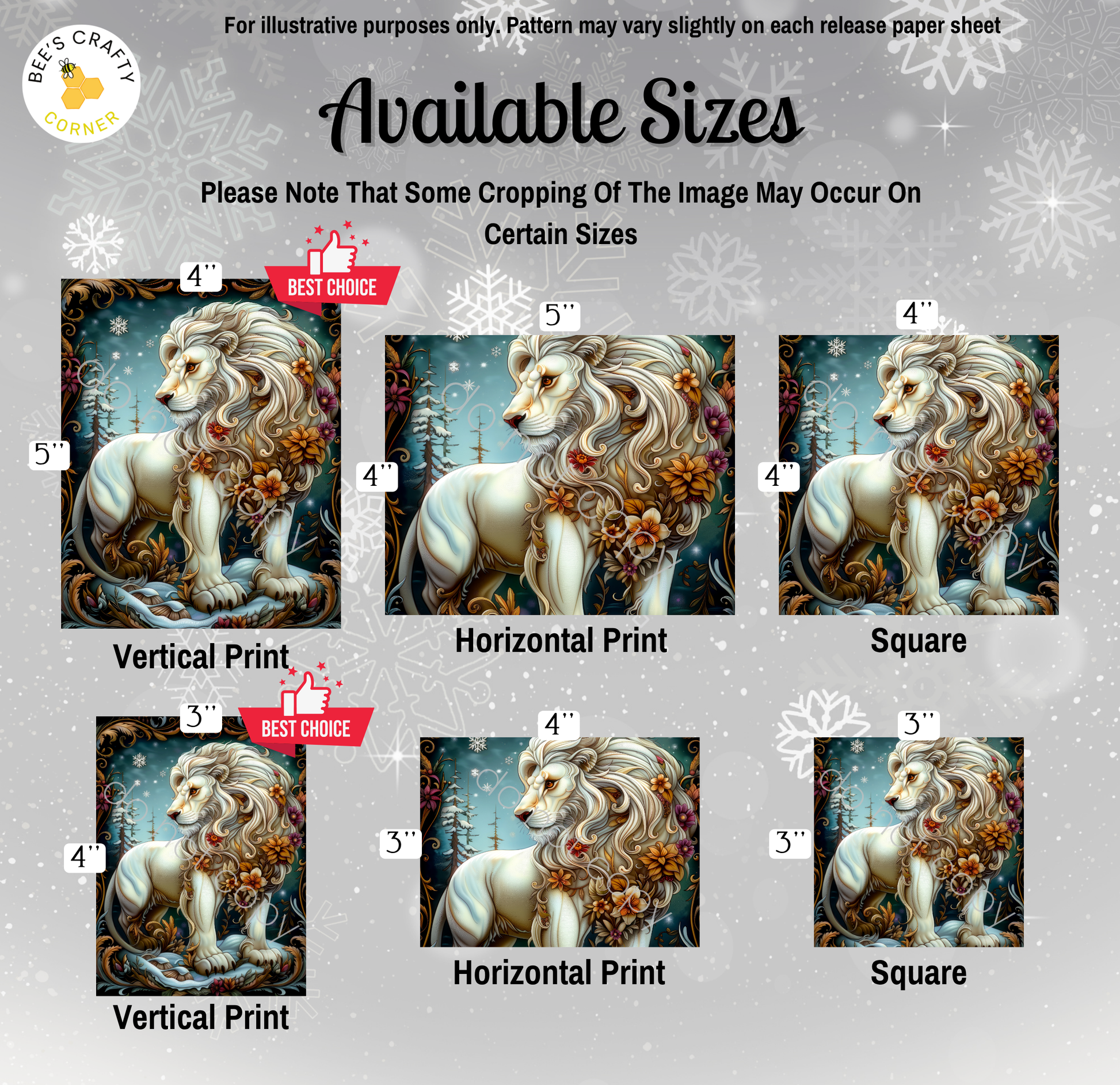 The image is a collection of six different sizes of paintings or illustrations of a lion, each with varying levels of detail and complexity. The sizes range from 4" to 5" in width, and the resolution is not specified. The available sizes are intended for illustrative purposes, and the pattern may vary slightly on each release.