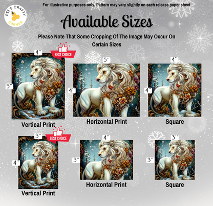 The image is a collection of six different sizes of paintings or illustrations of a lion, each with varying levels of detail and complexity. The sizes range from 4" to 5" in width, and the resolution is not specified. The available sizes are intended for illustrative purposes, and the pattern may vary slightly on each release.
