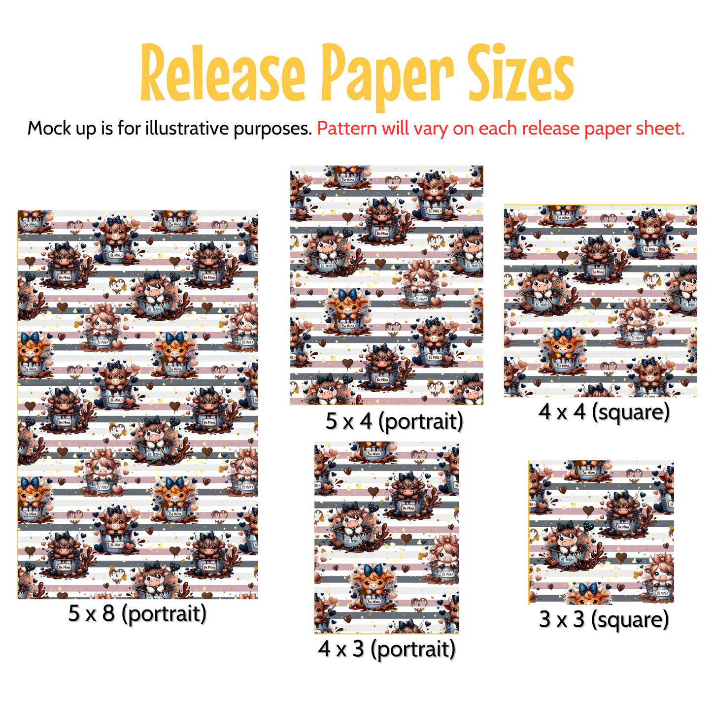 various paper sizes, including portrait and square sizes, with a repeating pattern of cats and other animals. The text indicates that the mock-up is for illustrative purposes and that the pattern will vary on each release paper sheet.