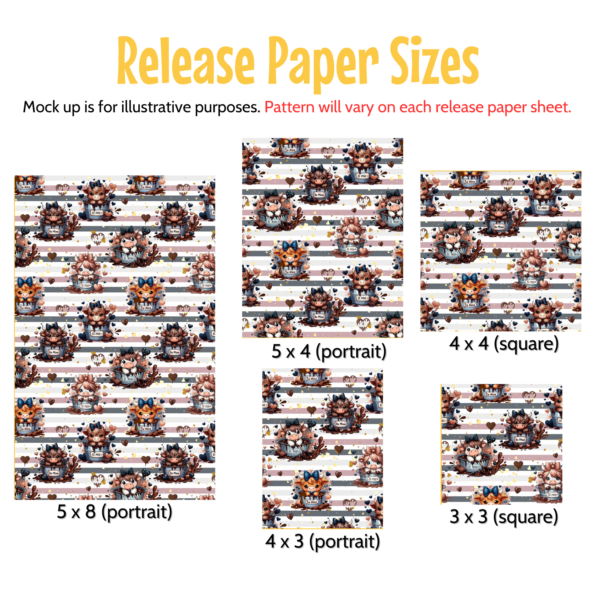 various paper sizes, including portrait and square sizes, with a repeating pattern of cats and other animals. The text indicates that the mock-up is for illustrative purposes and that the pattern will vary on each release paper sheet.