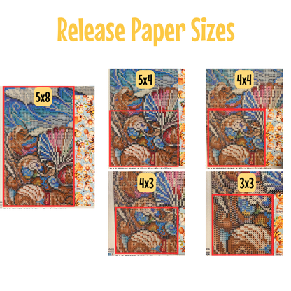 a collection of six different paper sizes, each featuring a unique pattern or design. The sizes are 5x8, 5x4, 4x3, 4x4, and 3x3. The paper sizes are labeled with the text " Release Paper Sizes" above each image.
