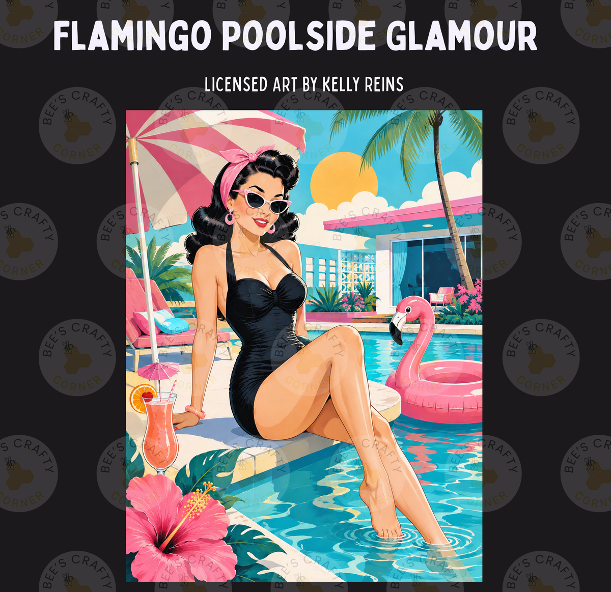 The image is a vibrant illustration of a woman in a black swimsuit sitting in a swimming pool, surrounded by tropical elements such as a pink flamingo, a pink hibiscus flower, and a pink umbrella.