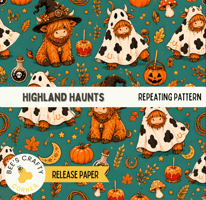 The image is a repeating pattern featuring various Halloween-themed elements, including ghostly figures, pumpkins, apples, mushrooms, and other spooky and festive decorations.