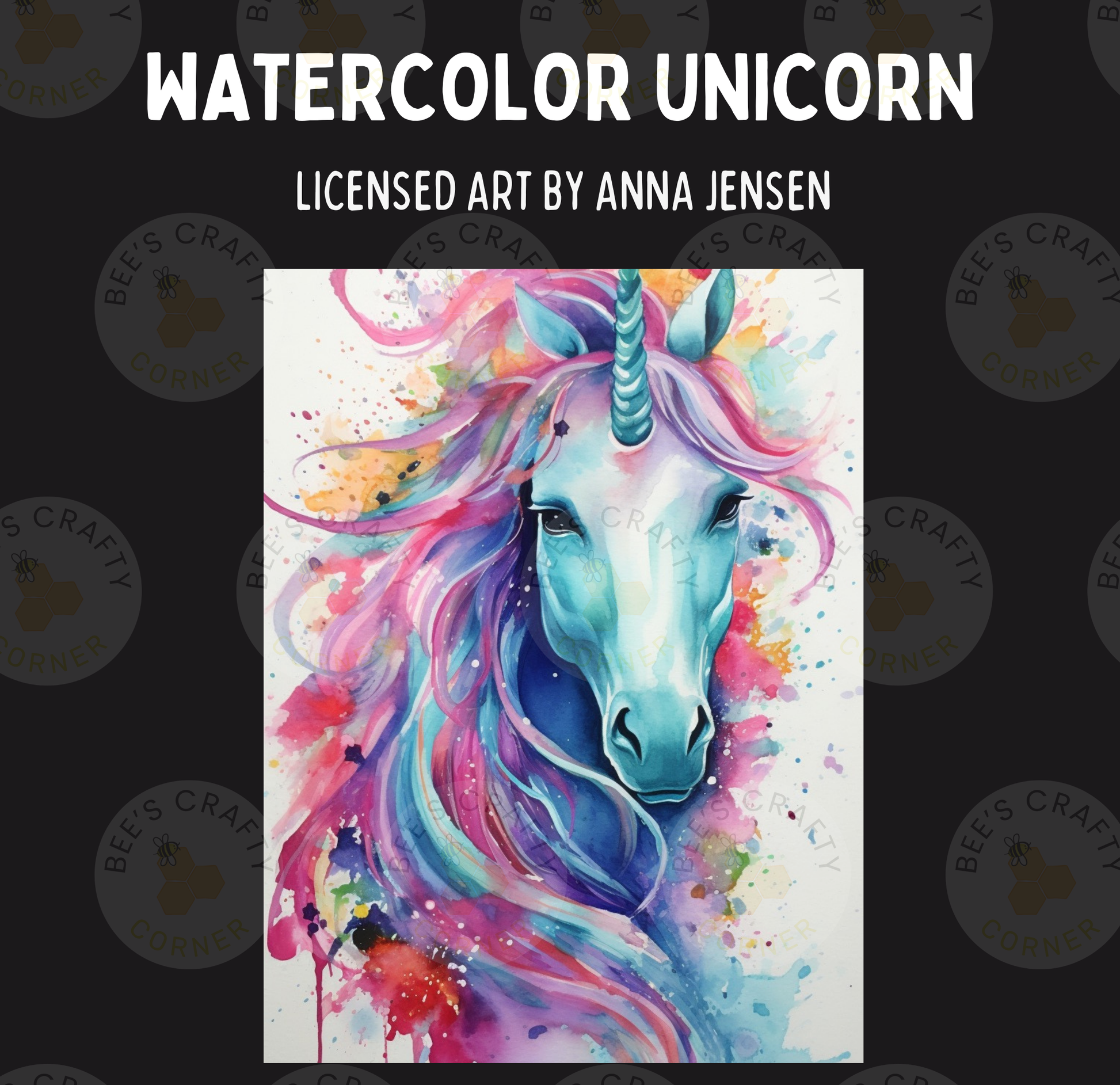 The image is a vibrant watercolor painting of a unicorn, featuring a detailed and colorful depiction of the animal's face and mane.