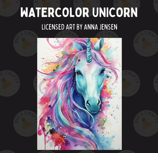 The image is a vibrant watercolor painting of a unicorn, featuring a detailed and colorful depiction of the animal's face and mane.