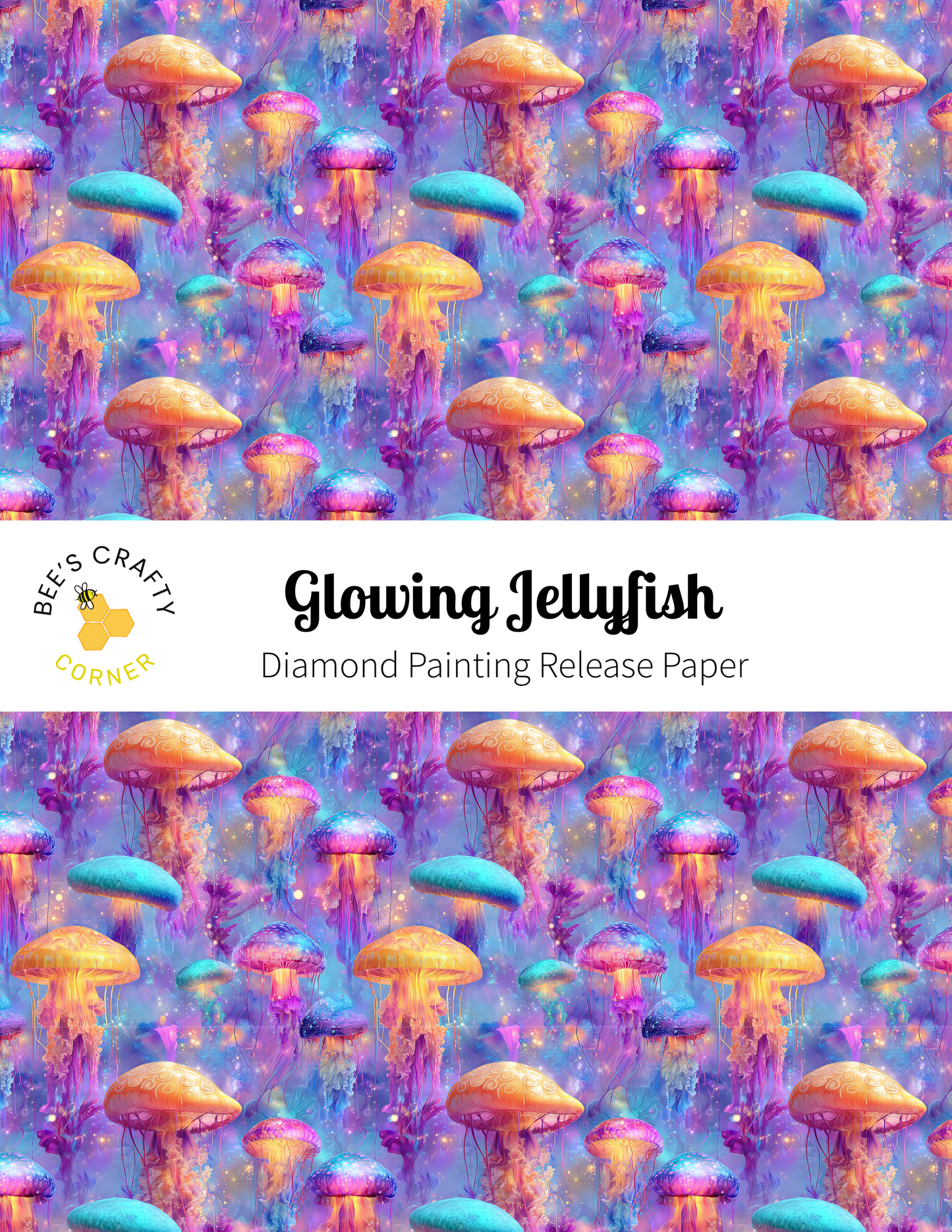 The image is a repeating pattern of glowing jellyfish against a purple and blue background.