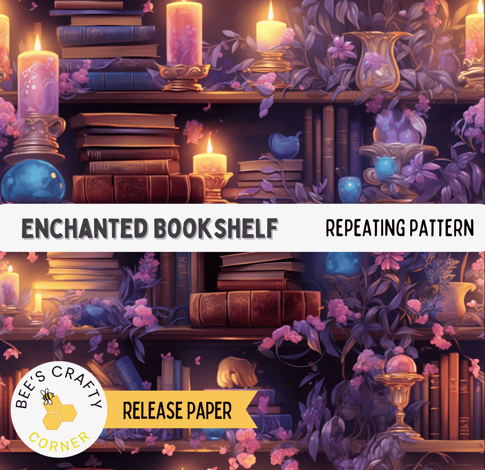The image is a collage of various books, candles, and flowers arranged on shelves, creating a whimsical and enchanting atmosphere.
