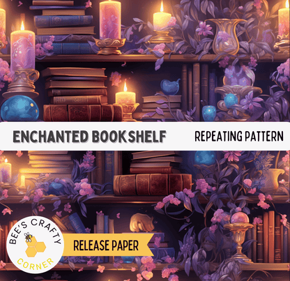 The image is a collage of various books, candles, and flowers arranged on shelves, creating a whimsical and enchanting atmosphere.
