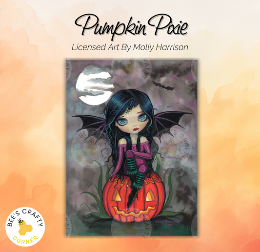 The image is a painting depicting a young girl with long dark hair sitting on a carved pumpkin, surrounded by a spooky Halloween-themed background.