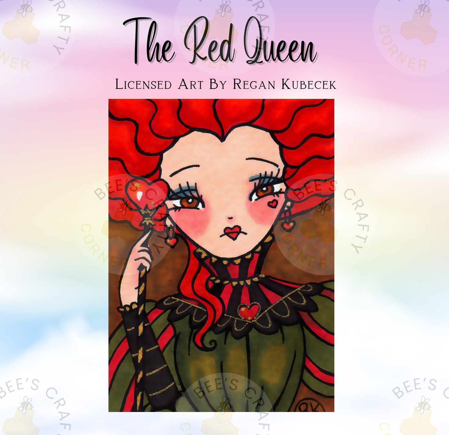 The image is a colorful illustration of a woman with red hair and a green dress, holding a red heart-shaped object.