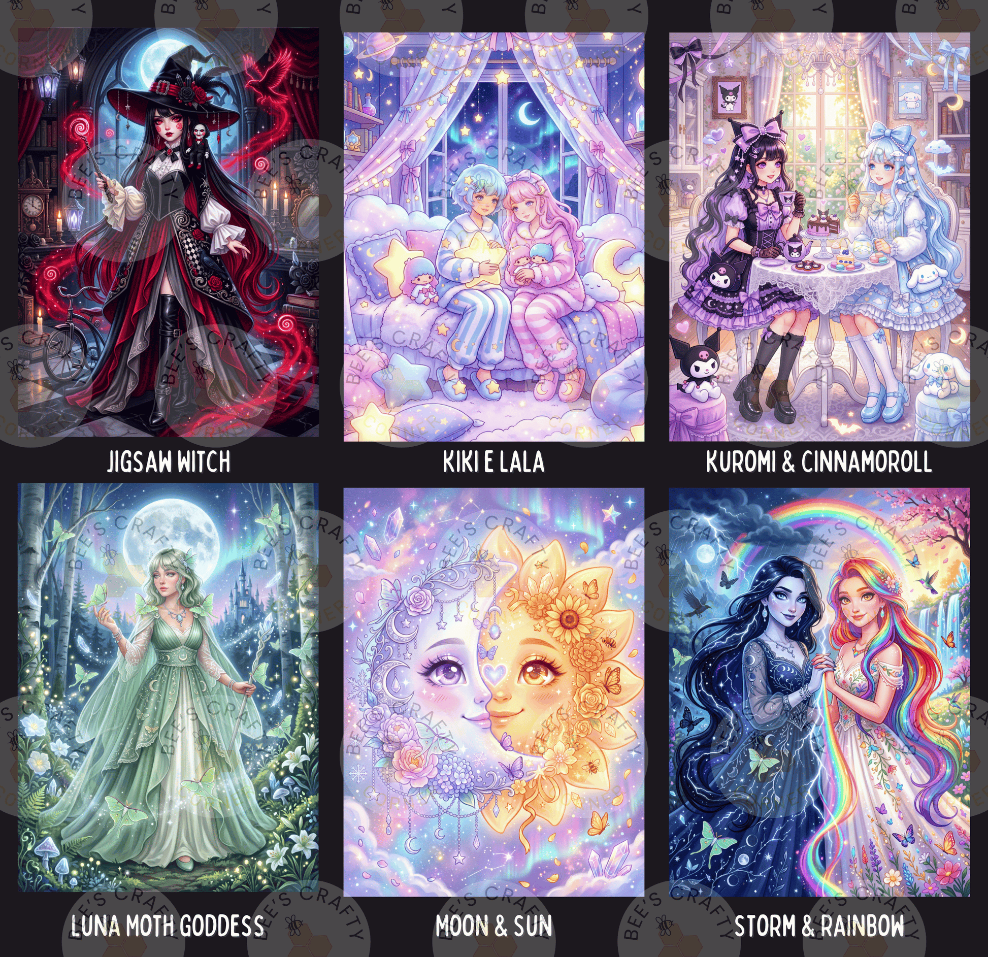 The image is a collage of six different illustrations, each depicting a female character with unique characteristics and settings.