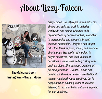 The image is a collage featuring a woman sitting on a couch with various cartoon characters, including a snowman, a cat, and a dog, as well as a painting of the same characters.