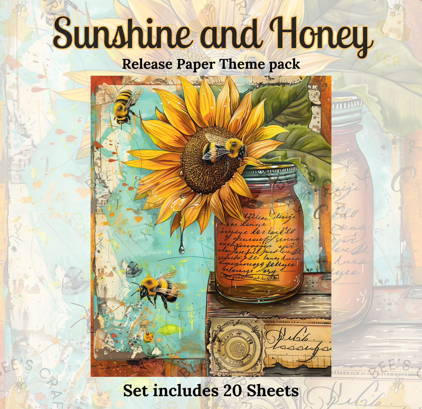 The image is a vibrant and colorful release paper theme pack featuring a large sunflower, honey jars, and bees. The pack includes 20 sheets of paper, showcasing the theme of sunshine and honey.