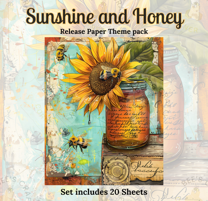 The image is a vibrant and colorful release paper theme pack featuring a large sunflower, honey jars, and bees. The pack includes 20 sheets of paper, showcasing the theme of sunshine and honey.