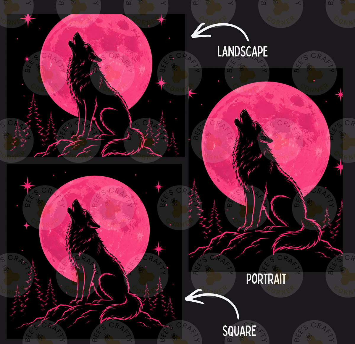 The image is a collage of three images depicting a wolf howling at a large, bright pink moon. The wolf is shown in different poses and settings, with the largest image being a portrait of the wolf against the moon.