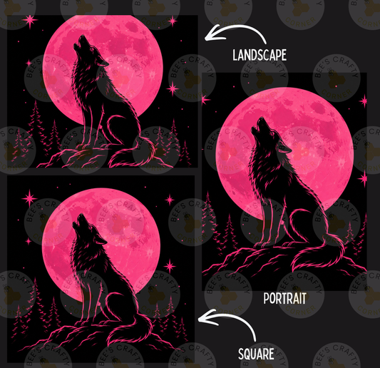 The image is a collage of three images depicting a wolf howling at a large, bright pink moon. The wolf is shown in different poses and settings, with the largest image being a portrait of the wolf against the moon.