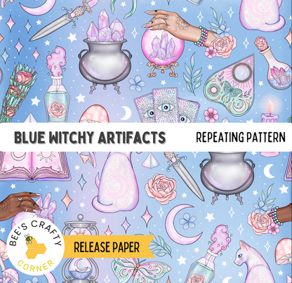 The image is a repeating pattern of various mystical and magical objects, including crystals, tarot cards, spells, and other mystical symbols, all set against a blue background with stars and crescent moons.
