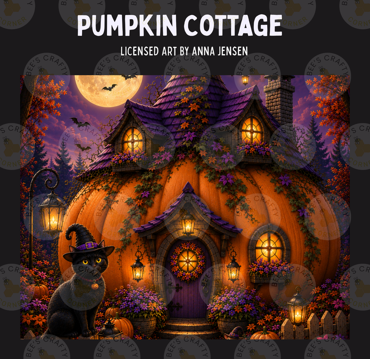 The image is a Halloween-themed illustration depicting a pumpkin cottage with a black cat sitting in front of it, surrounded by pumpkins, flowers, and a full moon.