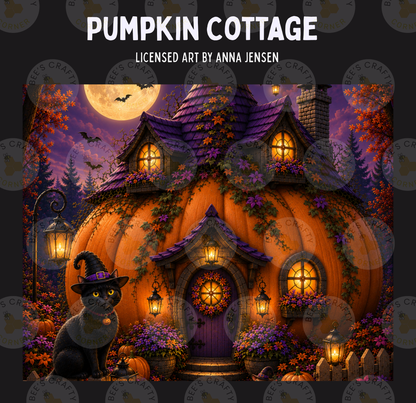 The image is a Halloween-themed illustration depicting a pumpkin cottage with a black cat sitting in front of it, surrounded by pumpkins, flowers, and a full moon.