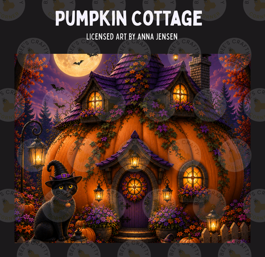 The image is a Halloween-themed illustration depicting a pumpkin cottage with a black cat sitting in front of it, surrounded by pumpkins, flowers, and a full moon.