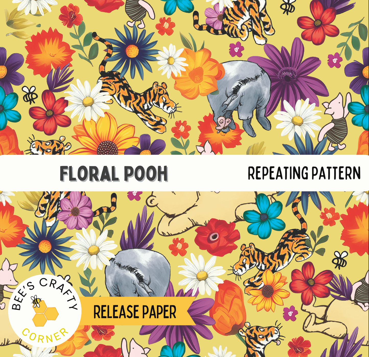 The image is a repeating pattern featuring various cartoon animals, such as elephants, tigers, and bees, along with colorful flowers and leaves. The pattern is designed to resemble the characters from the Winnie the Pooh series.