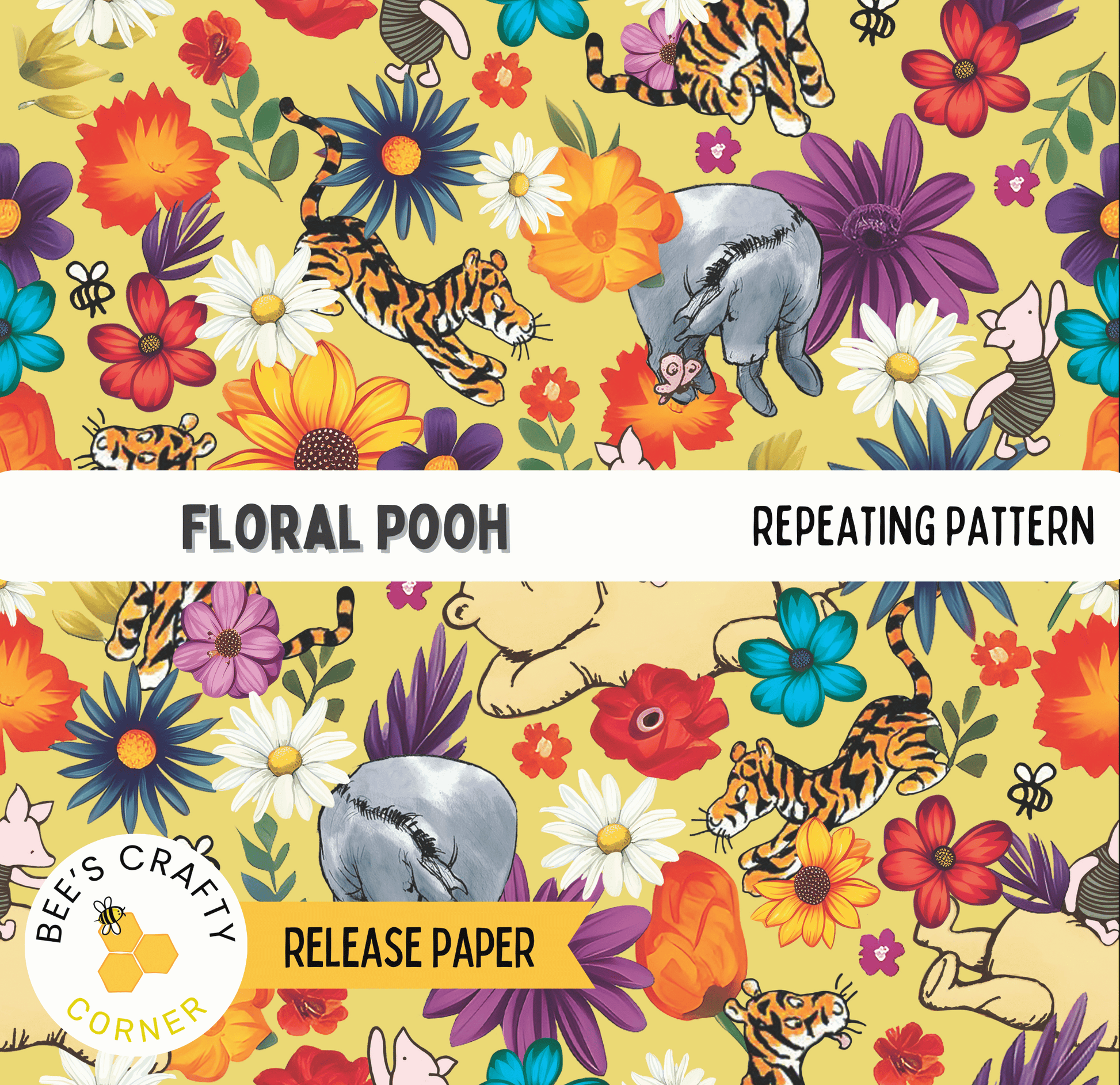 The image is a repeating pattern featuring various cartoon animals, such as elephants, tigers, and bees, along with colorful flowers and leaves. The pattern is designed to resemble the characters from the Winnie the Pooh series.