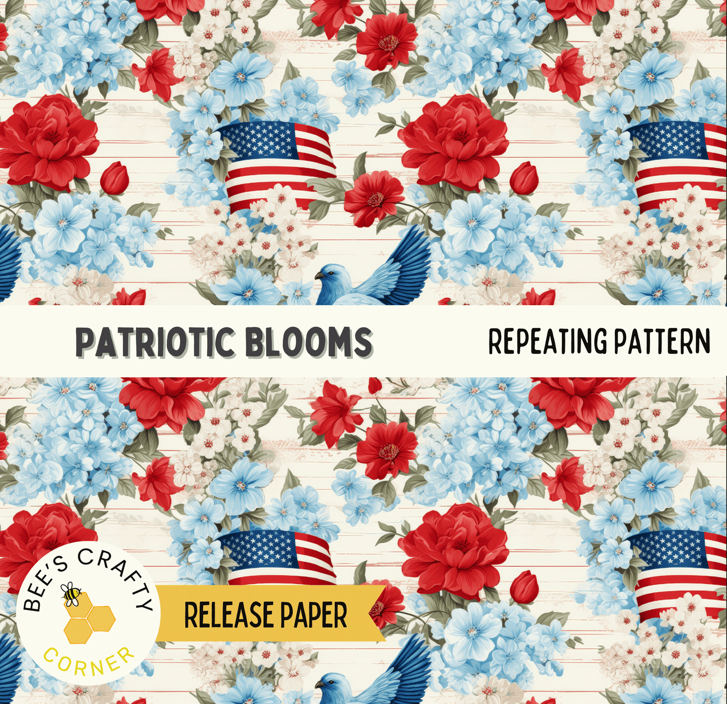 The image is a repeating pattern of patriotic floral designs, including red roses, blue flowers, and American flags, against a white background.