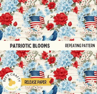 The image is a repeating pattern of patriotic floral designs, including red roses, blue flowers, and American flags, against a white background.
