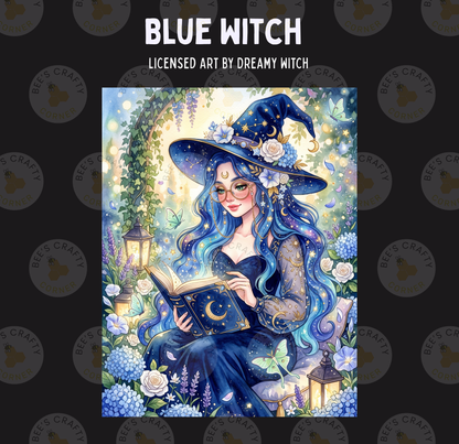The image is a digital illustration featuring a woman with long, blue hair wearing a blue witch's hat and holding a book. She is surrounded by a garden with flowers and lanterns, creating a mystical and enchanting atmosphere.