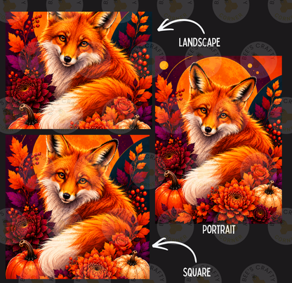 The image is a collage of three images depicting a fox surrounded by autumn foliage, pumpkins, and flowers. The fox is shown in different poses, with the landscape and portrait images featuring the fox in a more detailed and intricate manner, while the square image focuses on the fox without any additional elements.