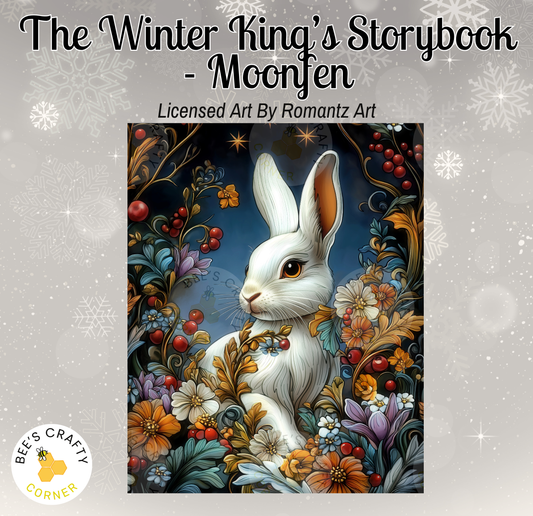 The image is a vibrant and detailed illustration of a white rabbit surrounded by a lush, colorful garden filled with flowers, berries, and leaves. The rabbit is the central focus of the image, with the garden surrounding it in a harmonious and visually appealing composition.