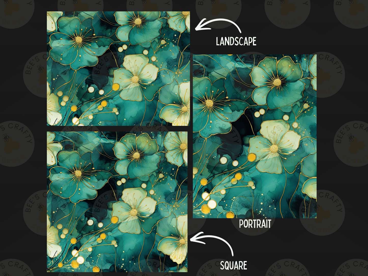 three different floral designs, each with a unique color scheme and style. The first design is a square with a green and white color palette, the second design is a portrait with a similar color scheme, and the third design is a square with a green and yellow color scheme. The image is a collage of these three distinct floral designs, each with its own distinct style and color scheme.