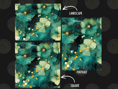 three different floral designs, each with a unique color scheme and style. The first design is a square with a green and white color palette, the second design is a portrait with a similar color scheme, and the third design is a square with a green and yellow color scheme. The image is a collage of these three distinct floral designs, each with its own distinct style and color scheme.