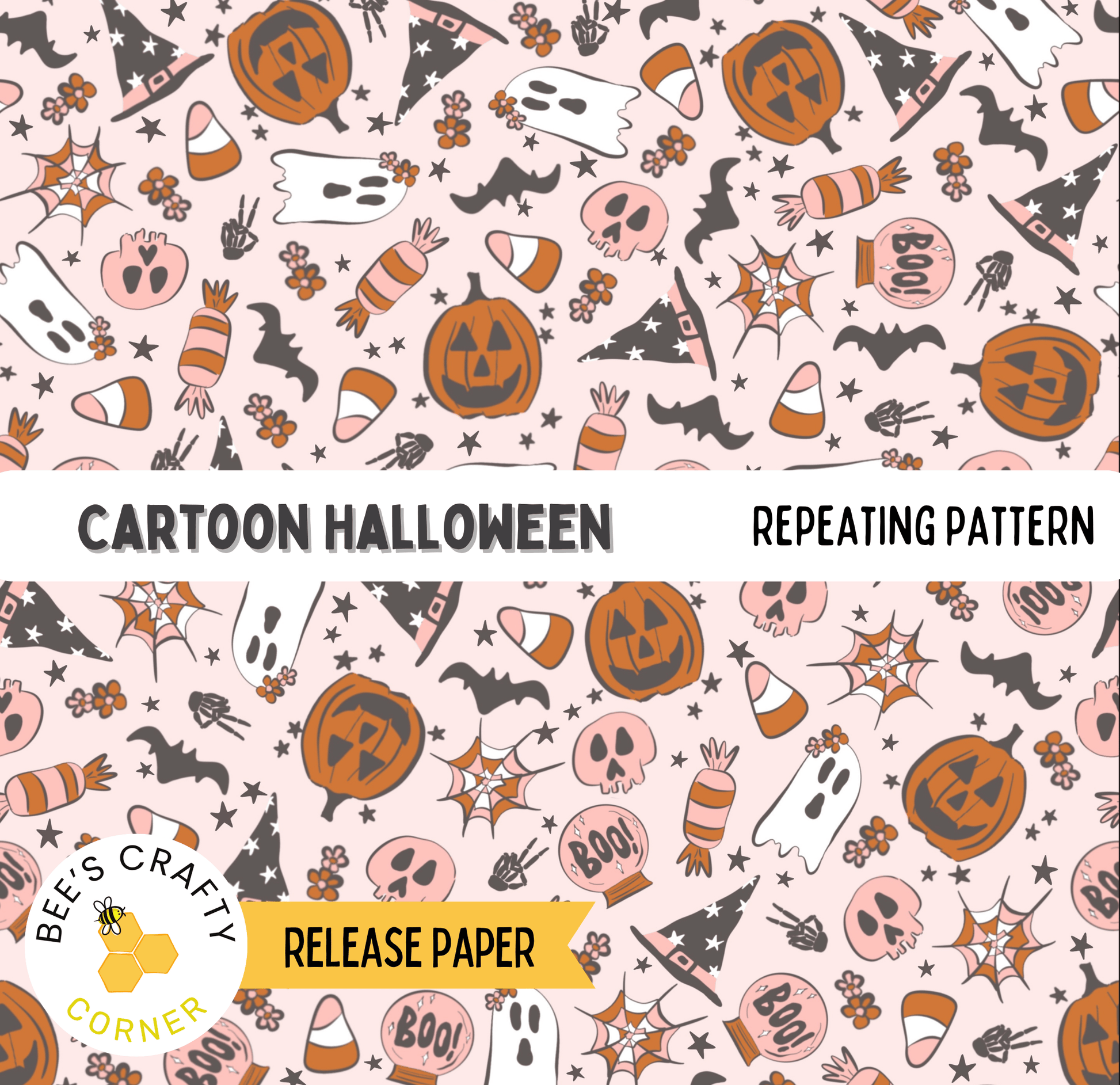 The image is a repeating pattern of Halloween-themed illustrations, including bats, pumpkins, candy canes, skulls, and ghostly figures. The pattern is designed to resemble a cartoon Halloween scene, with a variety of colors and shapes that create a festive and spooky atmosphere.