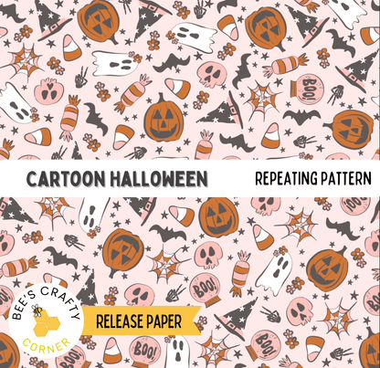 The image is a repeating pattern of Halloween-themed illustrations, including bats, pumpkins, candy canes, skulls, and ghostly figures. The pattern is designed to resemble a cartoon Halloween scene, with a variety of colors and shapes that create a festive and spooky atmosphere.