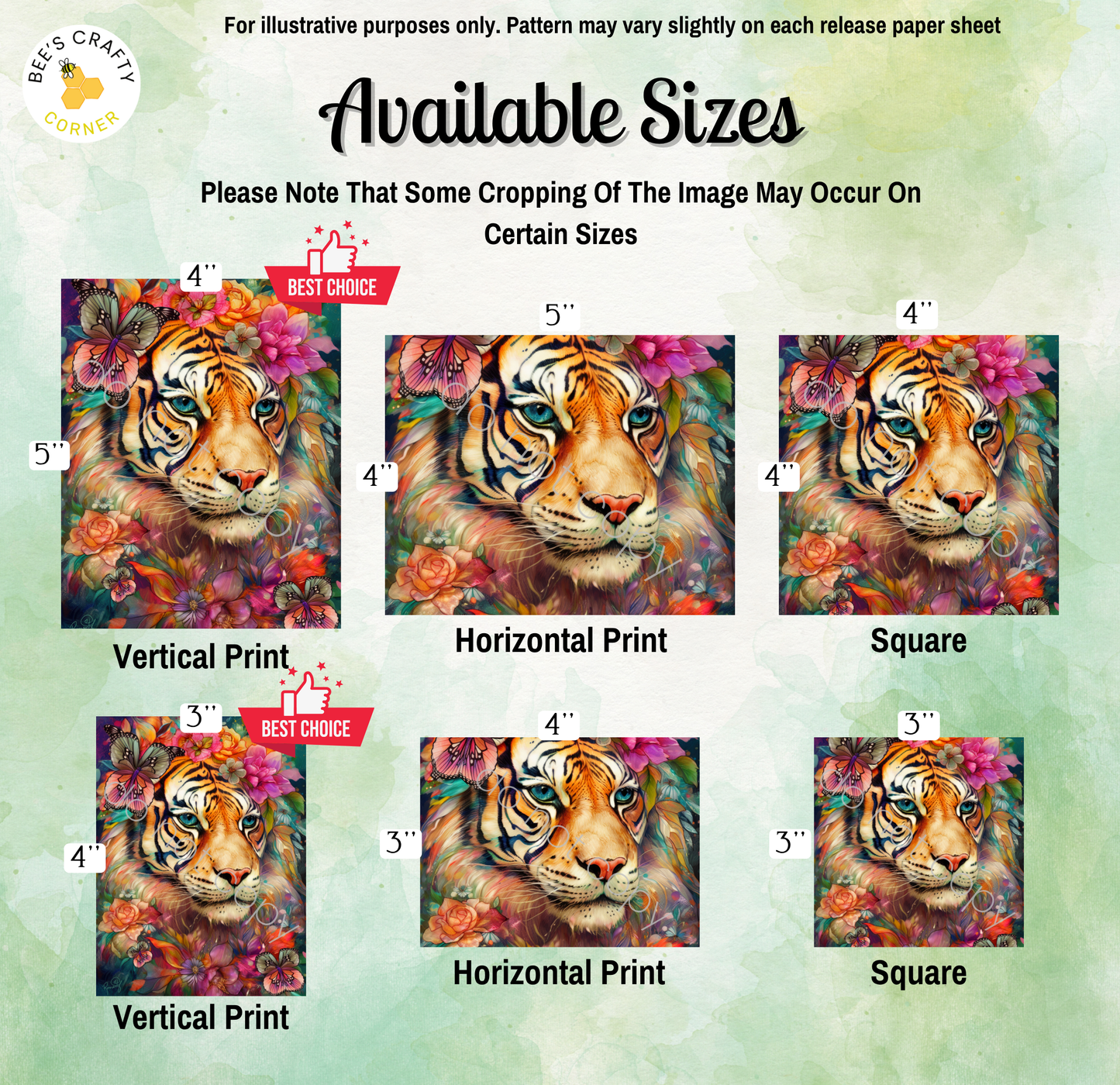 The image is a collection of six different sizes of tiger prints, each with a unique floral design. The sizes range from 4" to 5" in width, and the images are arranged in a grid format.