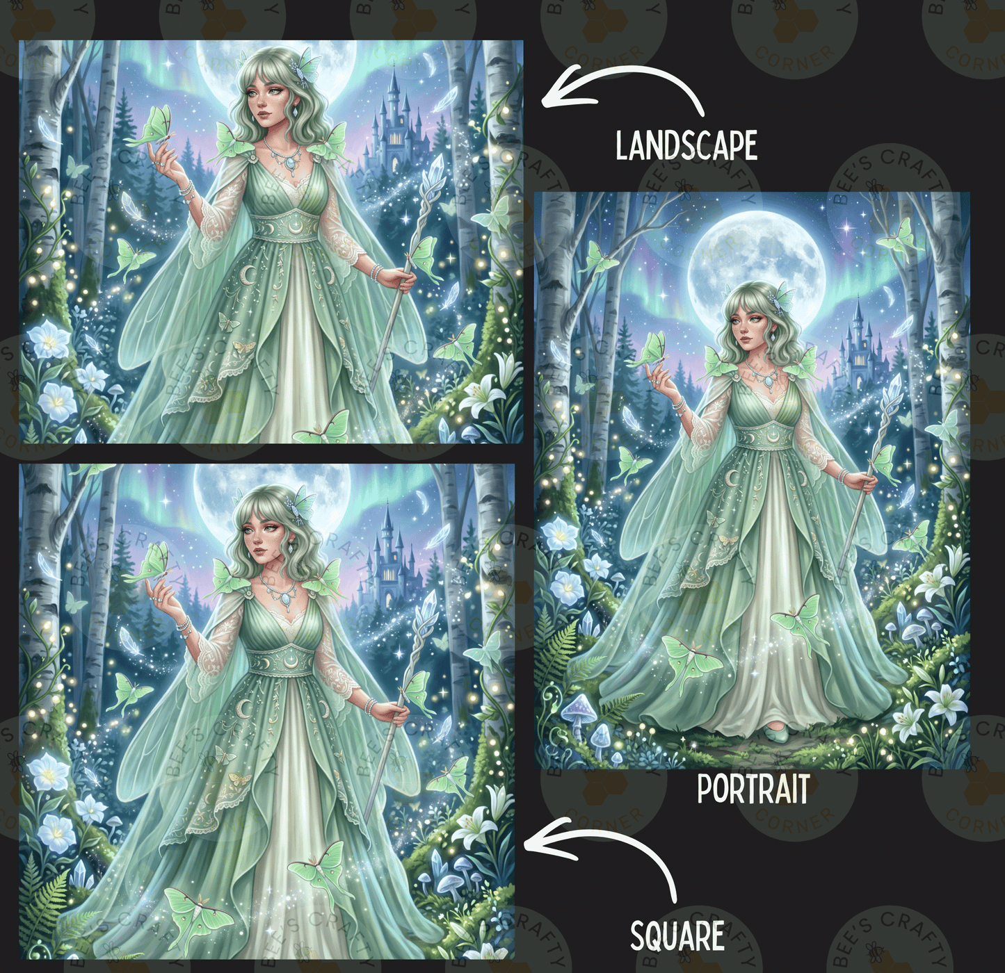 The image is a collage of three pictures depicting a woman in a green dress with a flowing skirt, surrounded by a forest and a full moon. The woman is holding a wand and has a butterfly in her hand. The collage is labeled as a landscape and a portrait, and the square version of the image is labeled as a portrait.