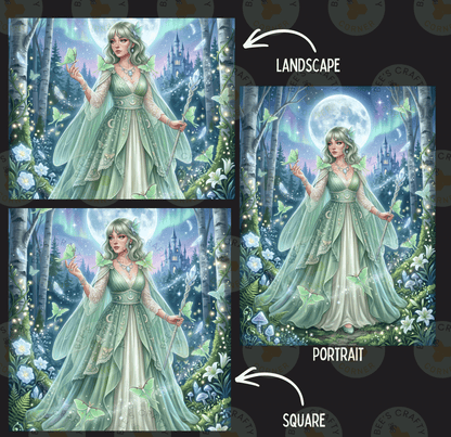 The image is a collage of three pictures depicting a woman in a green dress with a flowing skirt, surrounded by a forest and a full moon. The woman is holding a wand and has a butterfly in her hand. The collage is labeled as a landscape and a portrait, and the square version of the image is labeled as a portrait.