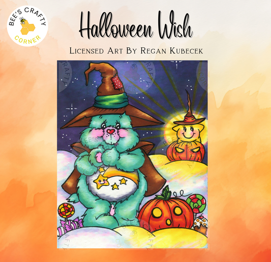 The image is a Halloween-themed illustration featuring a green teddy bear wearing a witch's hat, holding a pumpkin, and surrounded by other Halloween-themed elements such as a jack-o-lantern and a witch's broomstick.