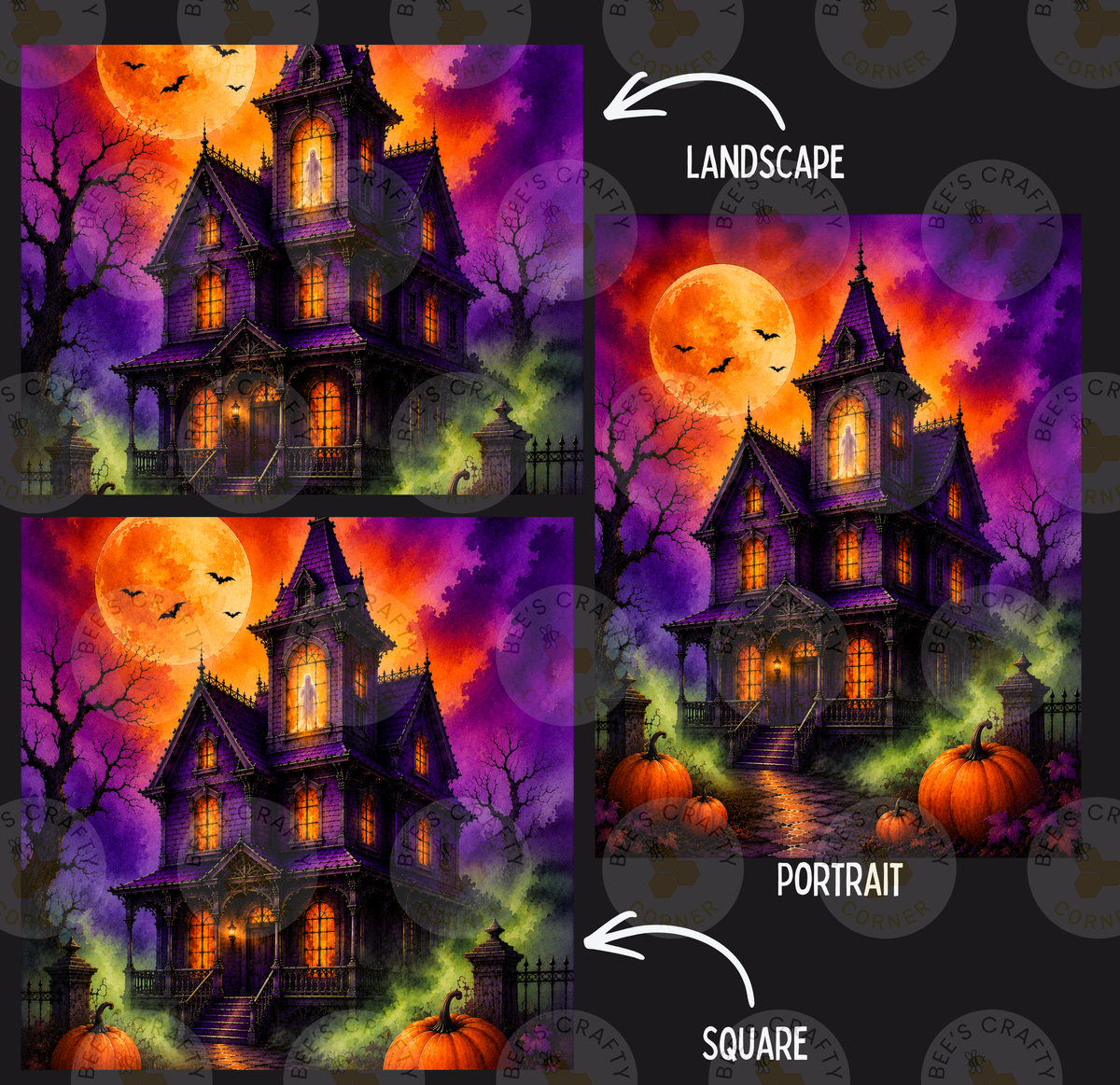 The image is a collage of three images depicting a spooky, old-fashioned house with a large, glowing moon in the background. The house is surrounded by pumpkins and other Halloween decorations, creating a festive and eerie atmosphere.