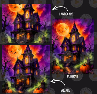 The image is a collage of three images depicting a spooky, old-fashioned house with a large, glowing moon in the background. The house is surrounded by pumpkins and other Halloween decorations, creating a festive and eerie atmosphere.