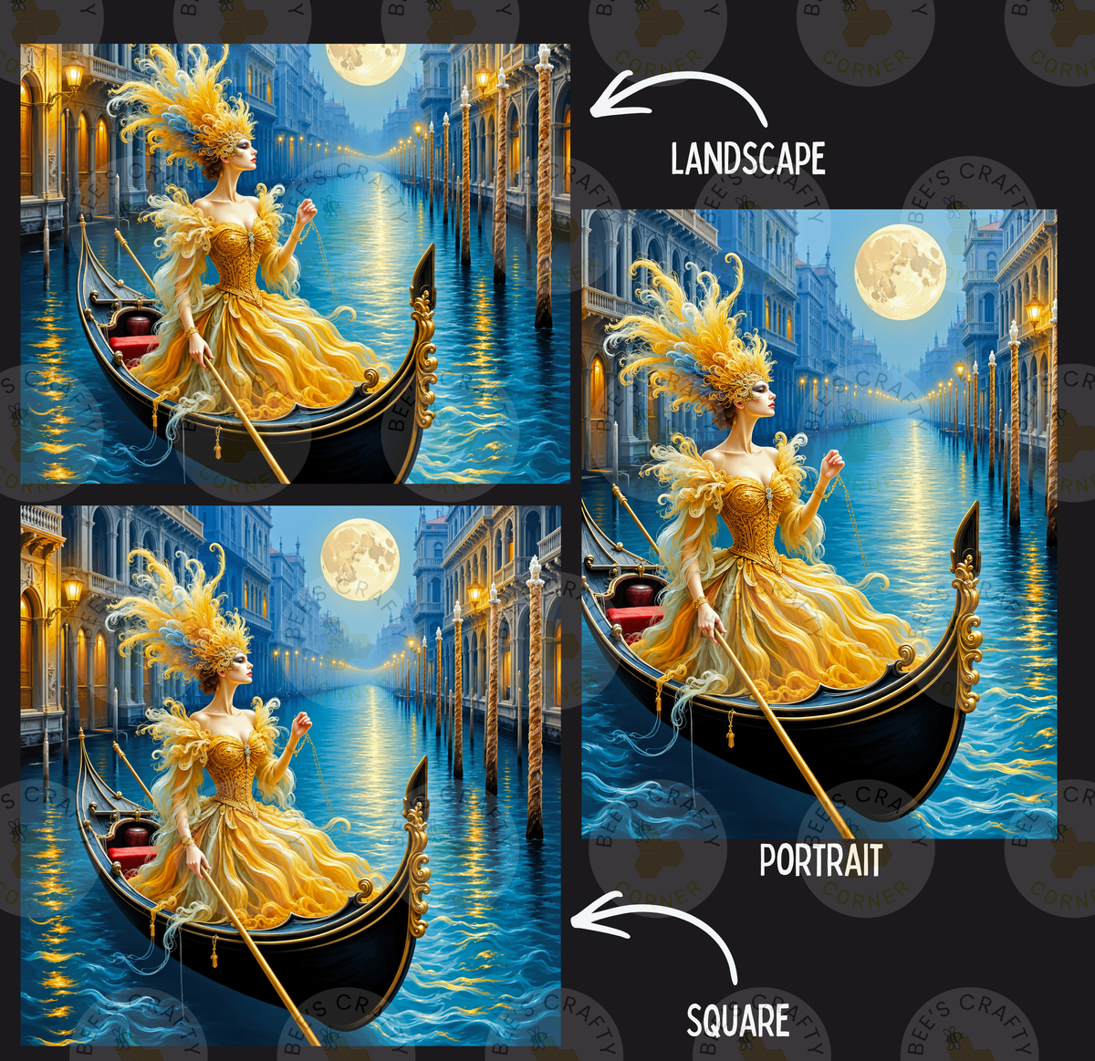 The image is a collage of three pictures depicting a woman in a gondola on a canal in a city at night. The woman is wearing a golden dress and has a large headdress. The collage is labeled as a landscape and a portrait, and it is a square image.