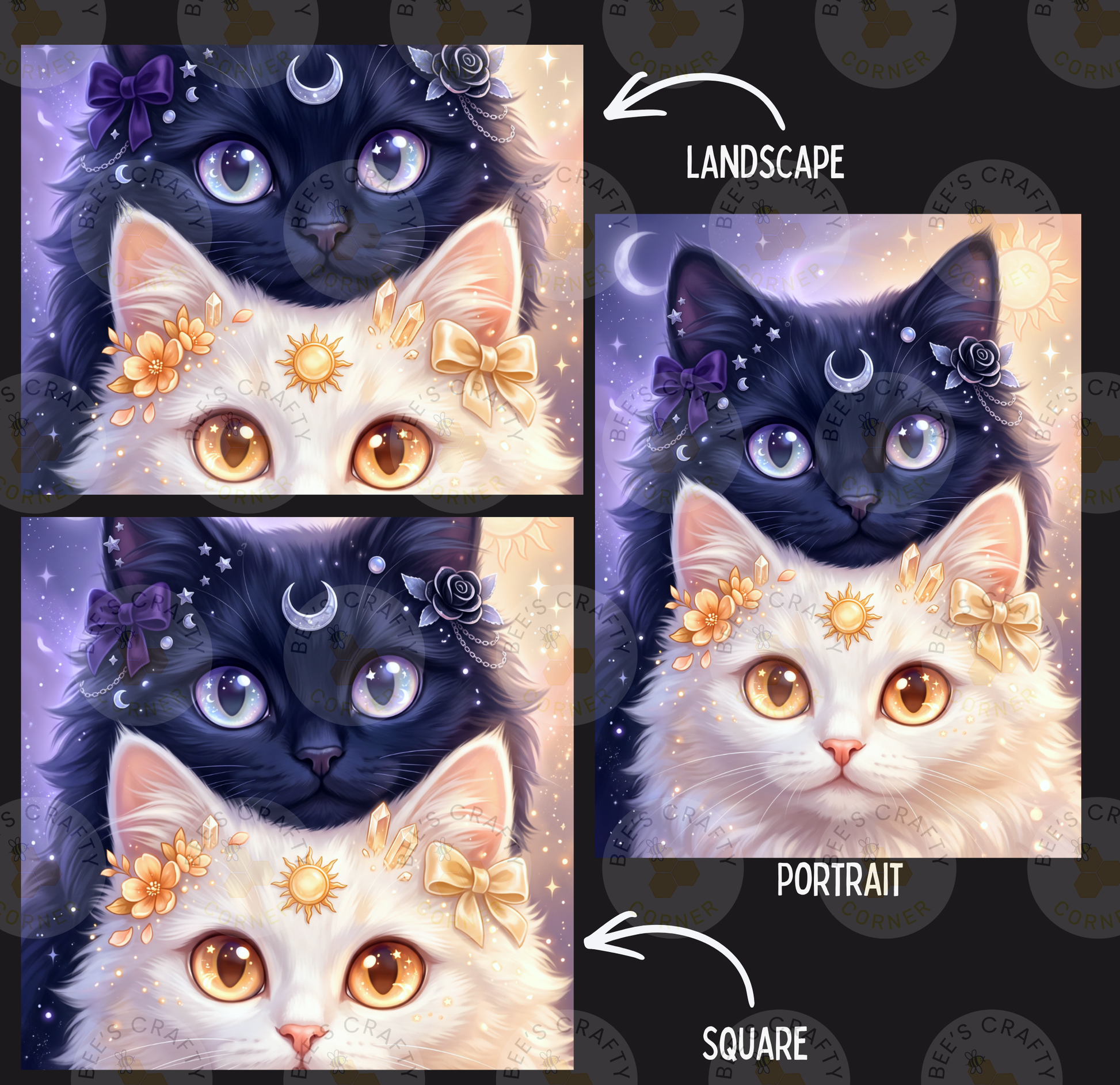 The image is a collage of three pictures featuring two cats with their eyes and ears adorned with flowers and crescent moons, and a fourth picture of the same cats with a portrait orientation.
