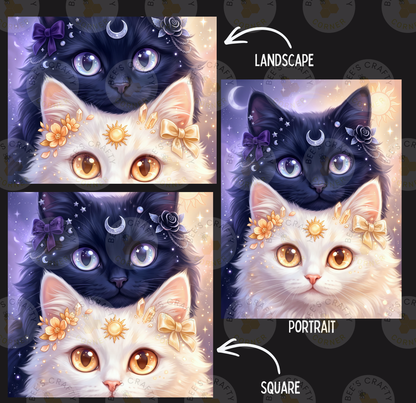 The image is a collage of three pictures featuring two cats with their eyes and ears adorned with flowers and crescent moons, and a fourth picture of the same cats with a portrait orientation.