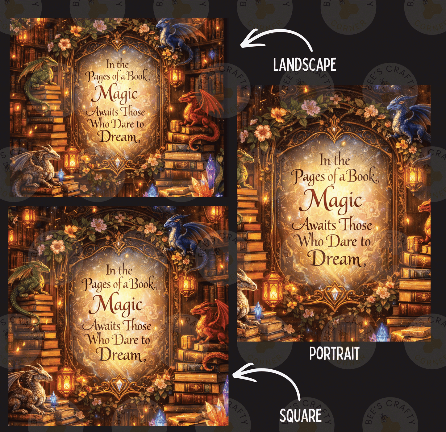 The image is a collage of three pictures, each depicting a different scene related to the book "In the Pages of a Book: Magic Awaits Those Who Dare to Dream". The first image shows a dragon surrounded by books, the second image features a dragon in a castle, and the third image shows a dragon in a library. The text in the images is related to the book's theme, and the image is labeled as a landscape, portrait, and square.