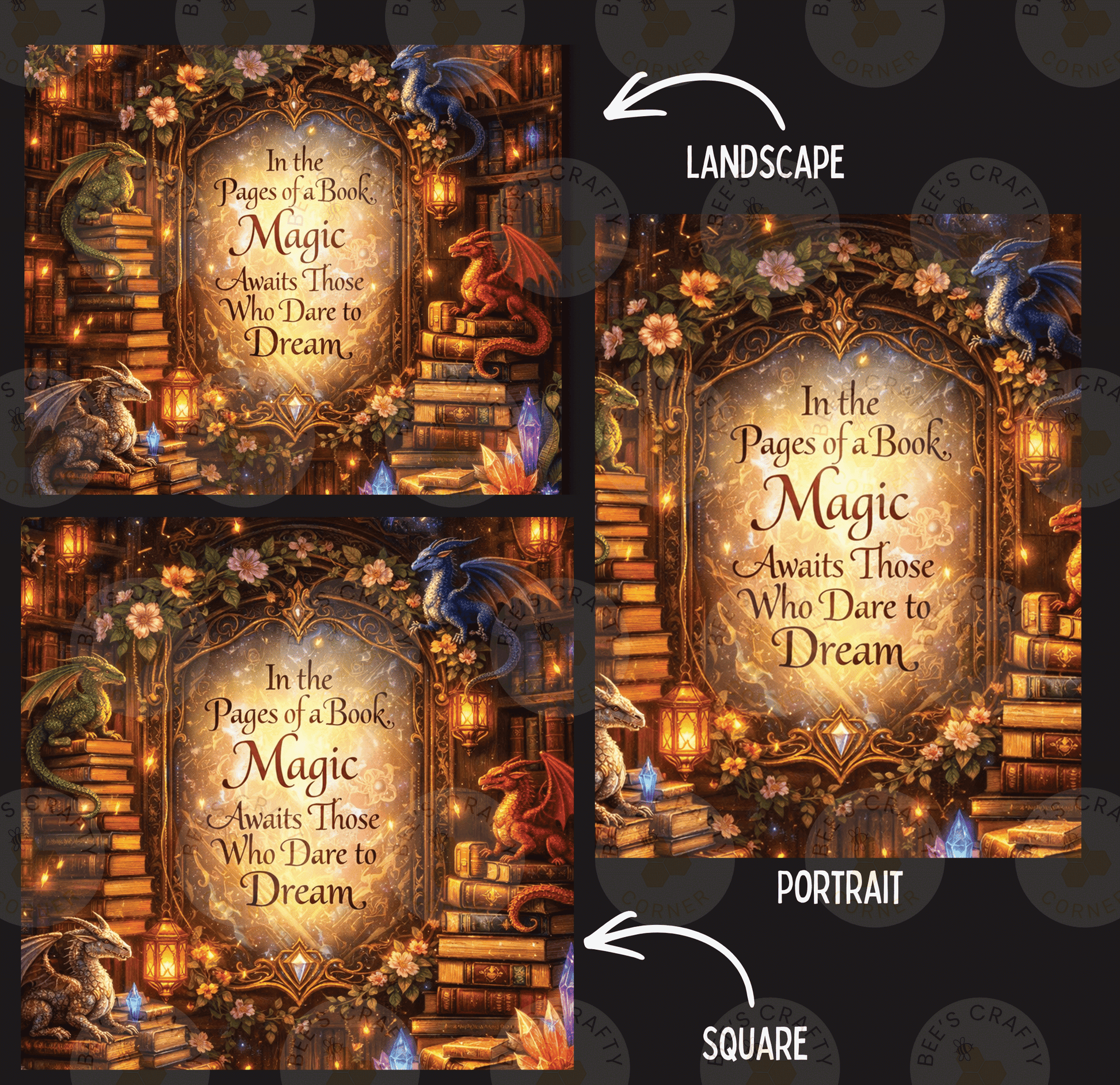 The image is a collage of three pictures, each depicting a different scene related to the book "In the Pages of a Book: Magic Awaits Those Who Dare to Dream". The first image shows a dragon surrounded by books, the second image features a dragon in a castle, and the third image shows a dragon in a library. The text in the images is related to the book's theme, and the image is labeled as a landscape, portrait, and square.