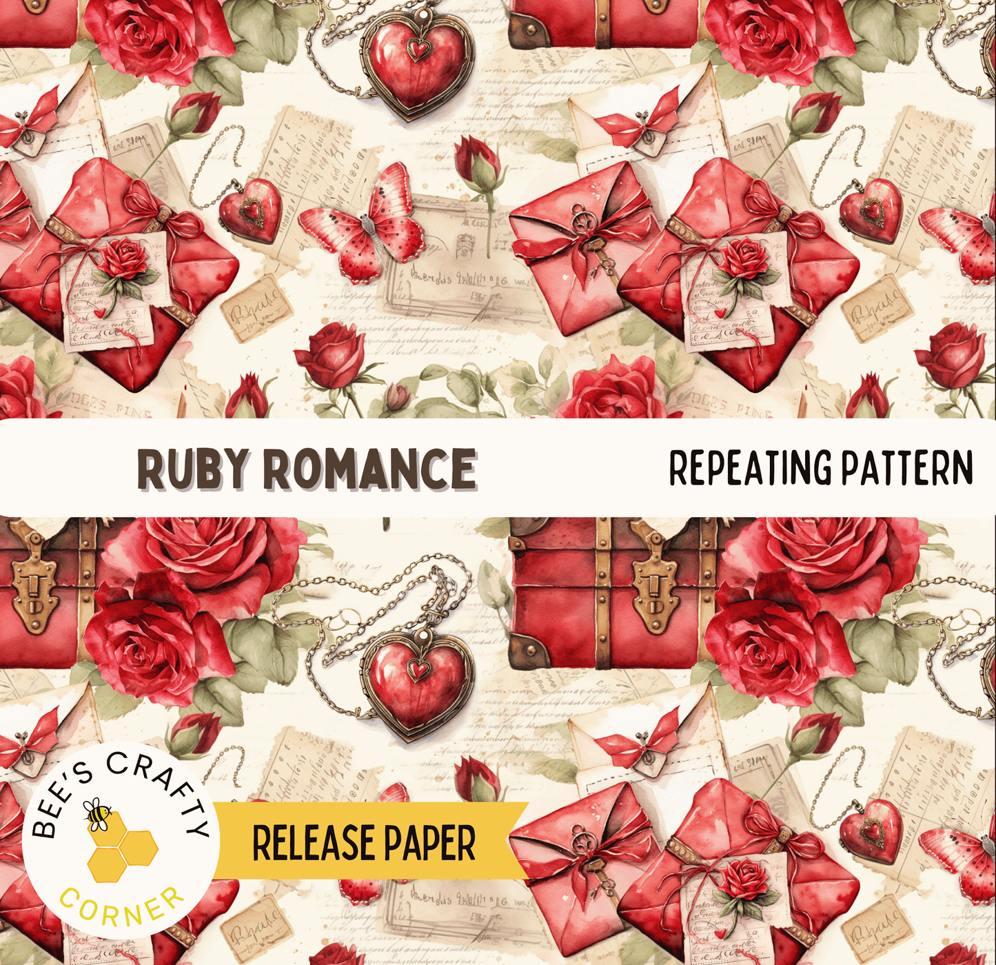 The image is a repeating pattern featuring various red roses, a heart, a suitcase, and other decorative elements. The pattern includes the text "RUBY ROMANCE" and "REPEATING PATTERN" along with the words "RELEASEPAPER" and "release paper" at the bottom.