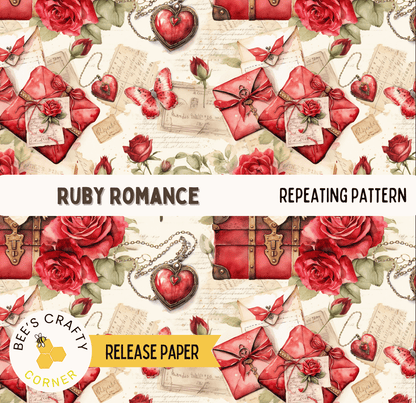 The image is a repeating pattern featuring various red roses, a heart, a suitcase, and other decorative elements. The pattern includes the text "RUBY ROMANCE" and "REPEATING PATTERN" along with the words "RELEASEPAPER" and "release paper" at the bottom.