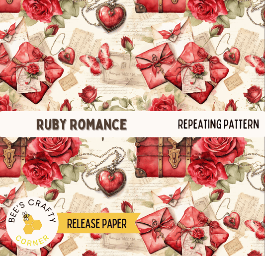 The image is a repeating pattern featuring various red roses, a heart, a suitcase, and other decorative elements. The pattern includes the text "RUBY ROMANCE" and "REPEATING PATTERN" along with the words "RELEASEPAPER" and "release paper" at the bottom.